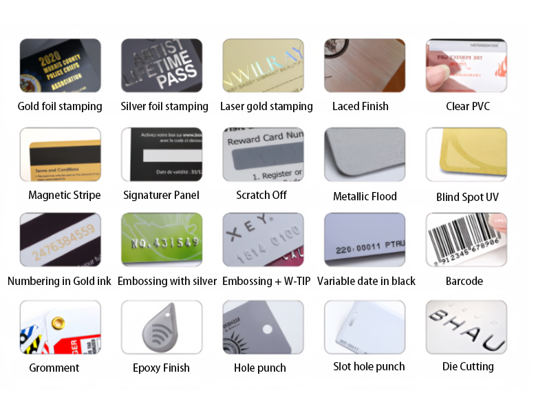 RFID card crafts: foil stamping, magnetic stripe, UV spot, barcode, die-cut.